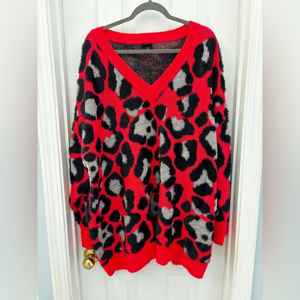 Torrid Neon Coral and Black Leopard V-Neck Sweater